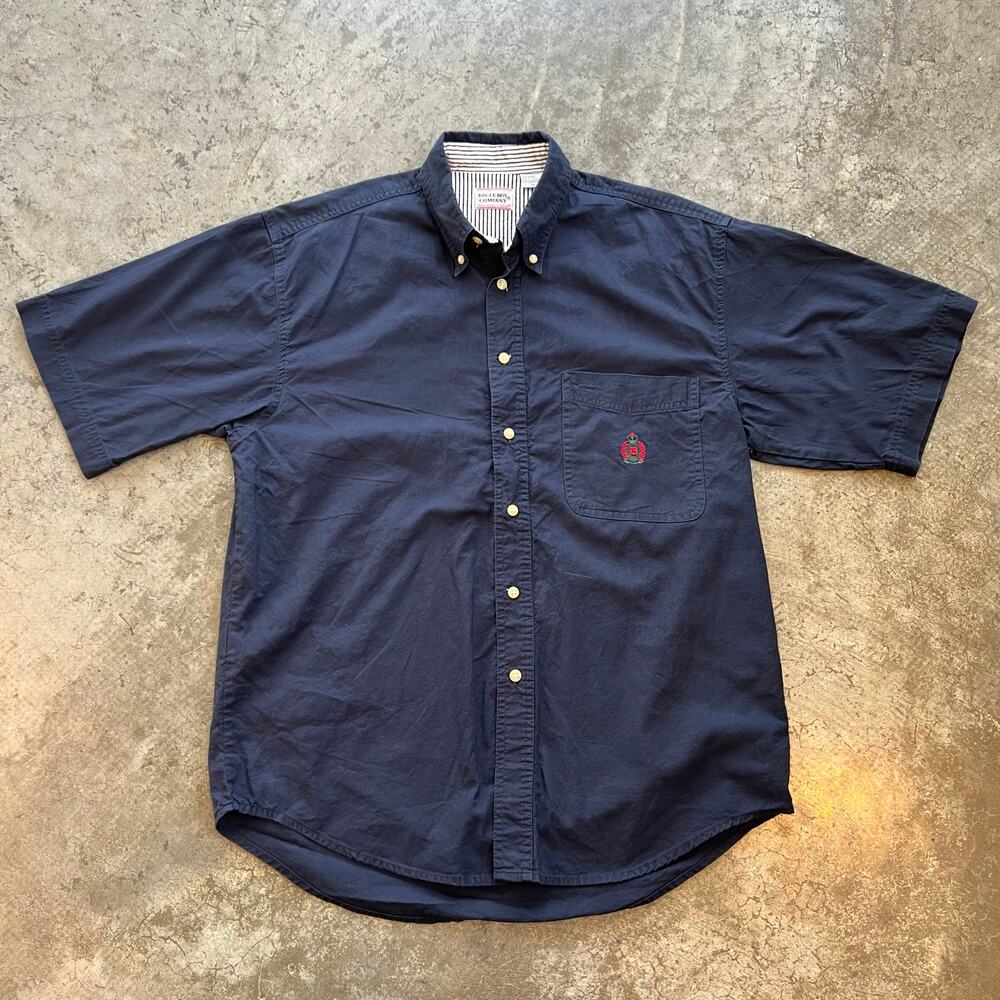 VTG Bugle Boy Company Shirt Mens Medium M Navy Blue Short Sleeve Crest Logo 90s